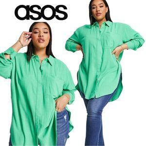 ASOS Design Green Relaxed Fit Linen Blend Button Up Shirt US 18